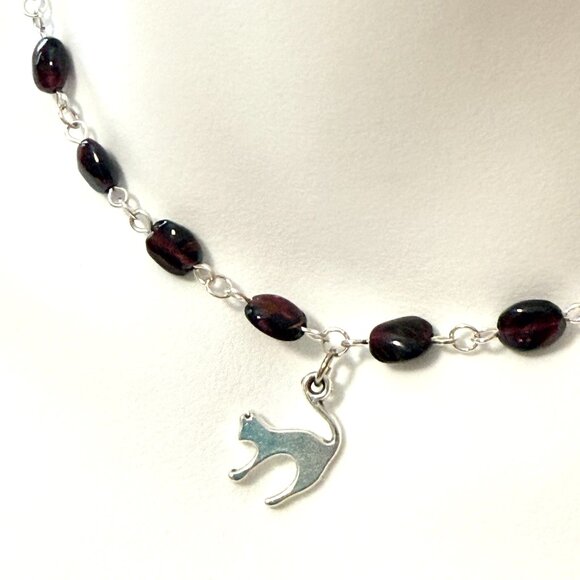 Genuine Garnet Short Necklace, Natural Gemstone w/ Slim Cat Pendant - Picture 1 of 15